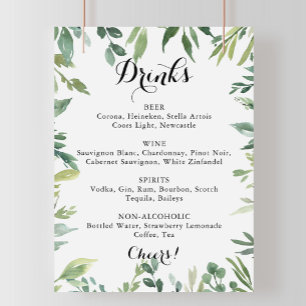 Poster Sinal de Menu de Bebidas de Casamento Verde Tropic