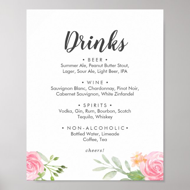 Poster Sinal de Menu de Bebidas de Noiva Peônia de Primav (Frente)