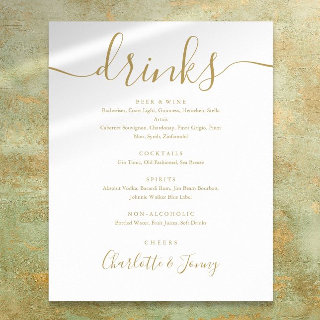 Poster Sinal de Menu de Bebidas de Script de Assinatura D (Gold Signature Script Drinks Menu Sign)