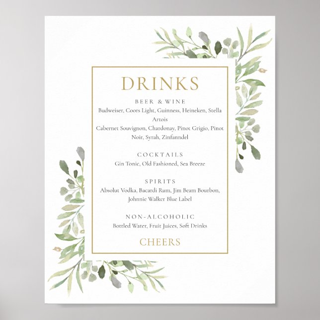Poster Sinal de Menu de Bebidas de Vegetação em Aquarela (Frente)