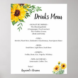 Poster Sinal de Menu de Bebidas de Verde Folhas e Girassó