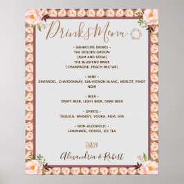 Poster Sinal de Menu de Bebidas Moldura Floral Rosa Casam
