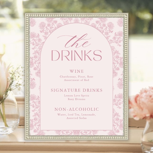Poster Sinal de Menu de Bebidas para Chá de Noiva Rosa El (Criador carregado)