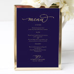 Poster Sinal de Menu de Casamento Azul do Marinho de Scri<br><div class="desc">Sinal de Menu de Casamento Azul do Marinho de Script Dourado</div>