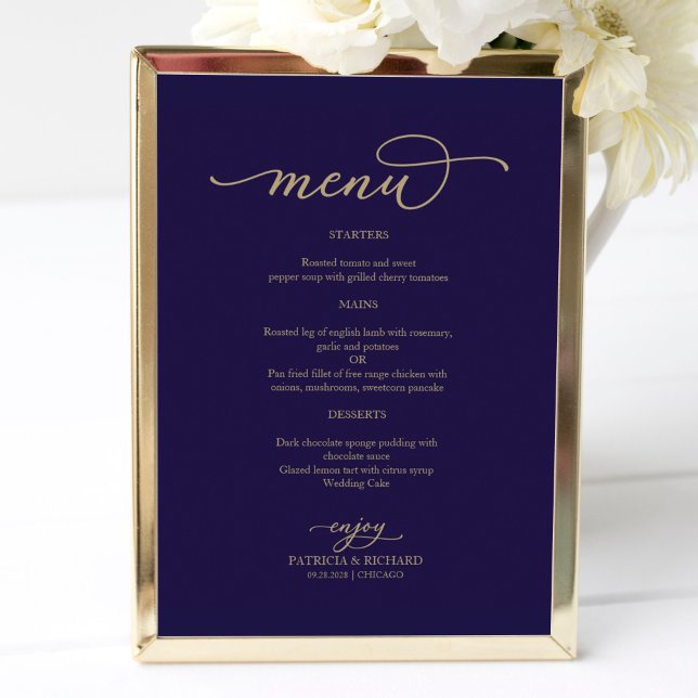 Poster Sinal de Menu de Casamento Azul Marinho com Rótulo (Criador carregado)