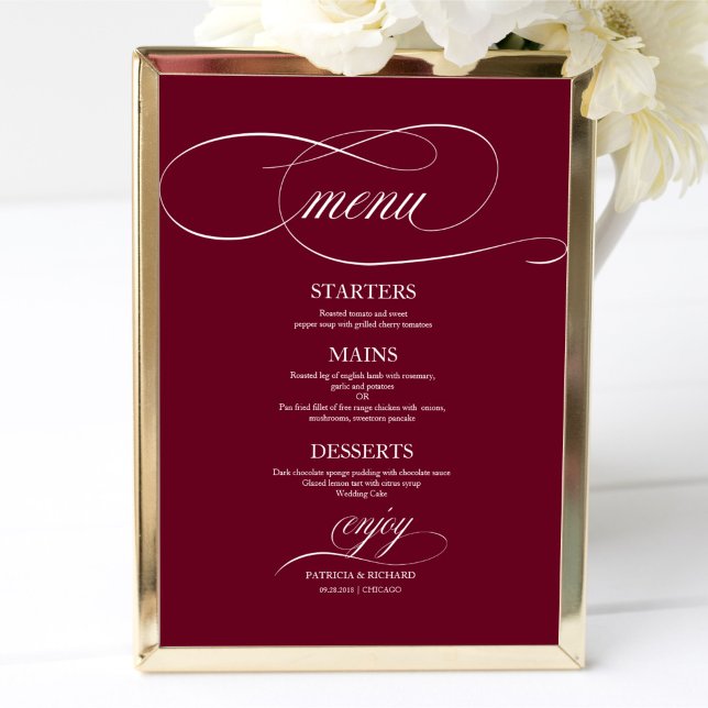 Poster Sinal de Menu de Casamento Burgundy Marsala Elegan (Criador carregado)