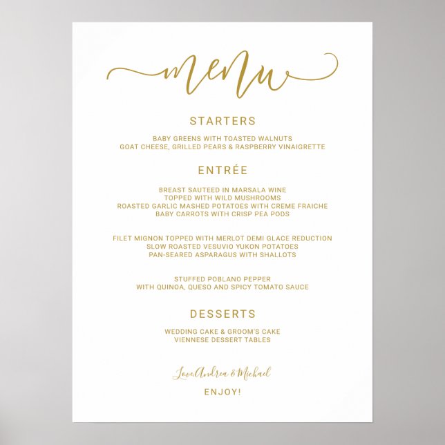 Poster Sinal de Menu de Casamento - Caligrafia de Salto ( (Frente)