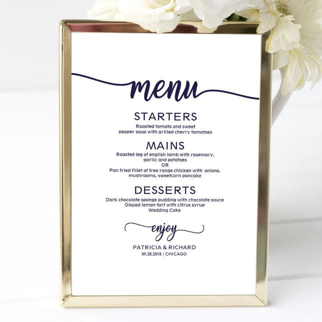 Poster Sinal de Menu de Casamento Chic Azul Marinho Calig (Criador carregado)