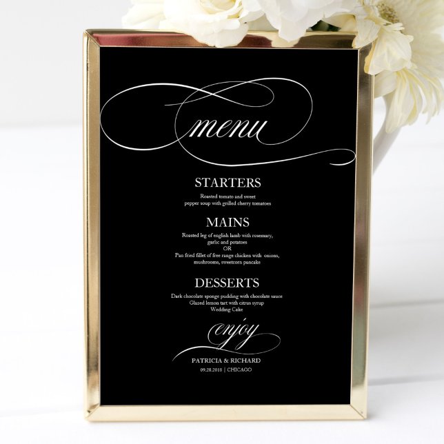 Poster Sinal de Menu de Casamento Chic Preto e Branco (Criador carregado)