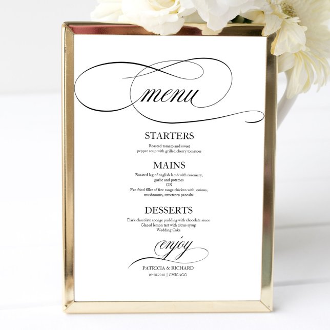 Poster Sinal de Menu de Casamento Chic Script Preto (Criador carregado)