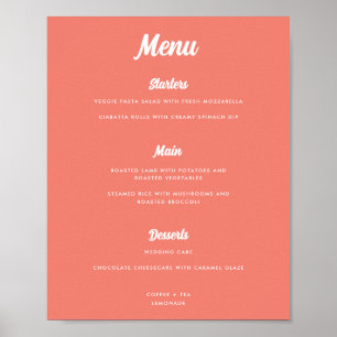 Poster Sinal de Menu de Casamento de Script Coral Rosa Mo