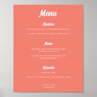 Poster Sinal de Menu de Casamento de Script Coral Rosa Mo