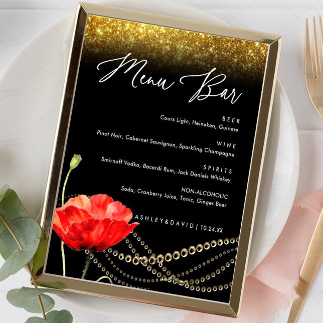 Poster Sinal de Menu de Casamento Elegante Glitter Poppy (Criador carregado)