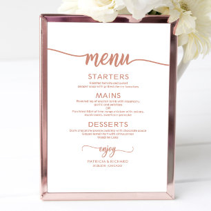 Poster Sinal de Menu de Casamento em Rose Gold com Caligr
