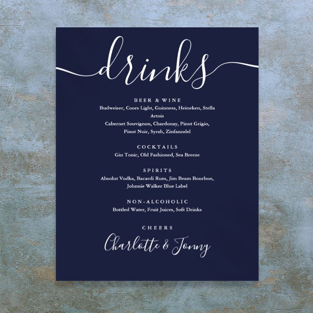 Poster Sinal de Menu de Discos de Script de Assinatura Az (Navy Blue Signature Script Drinks Menu Sign)