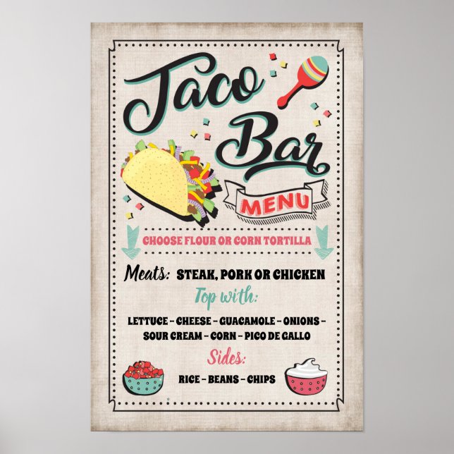 Poster Sinal de Menu de Festa Taco Bar (Frente)