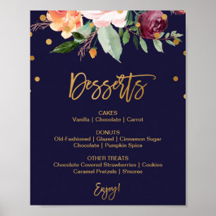 Poster Sinal de Menu de Sobremesa de Casamento Floral de 