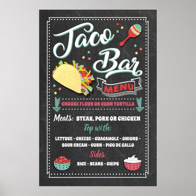 Poster Sinal de Menu de Taco Bar para Festa (Frente)