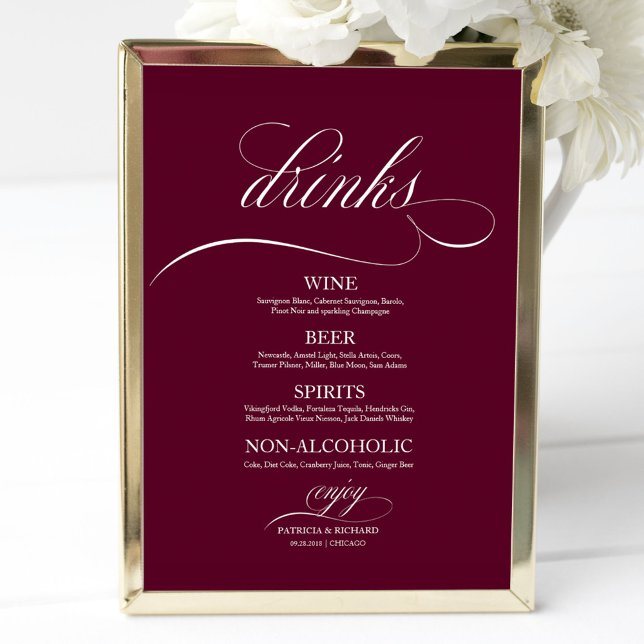 Poster Sinal de Menu do Bar de Bebidas de Casamento Chic  (Criador carregado)