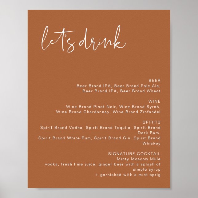 Poster Sinal de Menu do Bar Let's Drink Terracotta CORIAN (Frente)