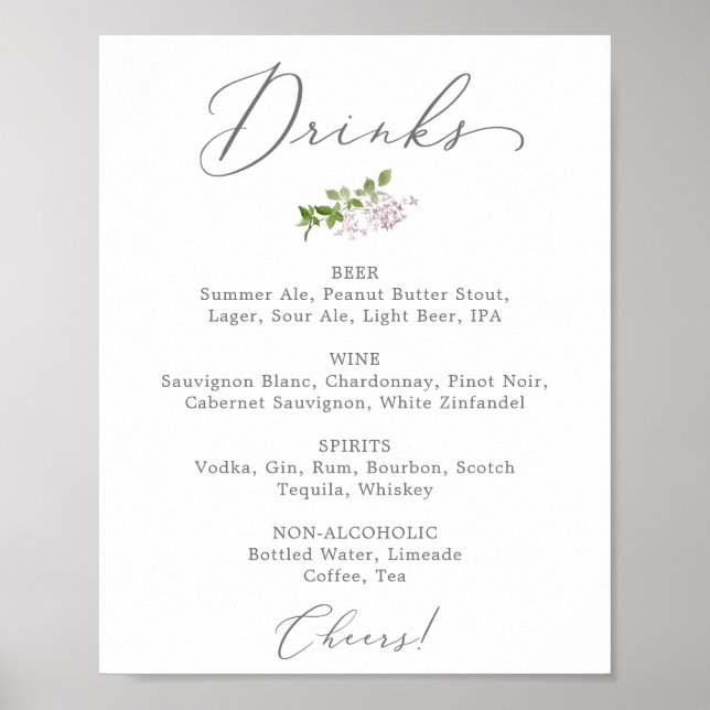 Poster Sinal de Menu Drink Rustic Lilac Wedding (Frente)
