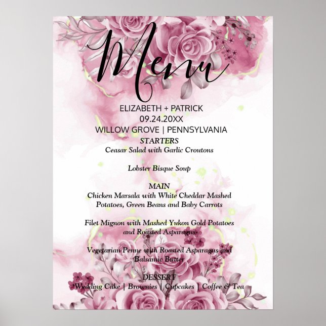 Poster Sinal de menu floral de cor d'água legante (Frente)