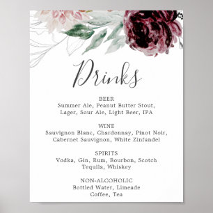 Poster Sinal de Menu Floral Romance Wedding Drinks