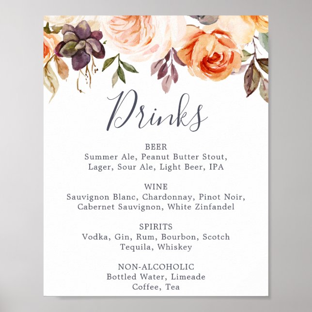 Poster Sinal de Menu Rustic Earth Florals Wedding Drinks (Frente)