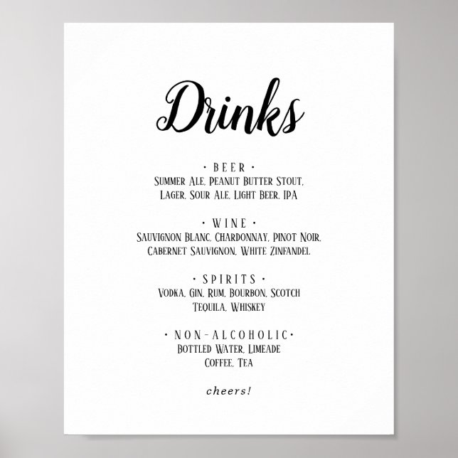 Poster Sinal de Menu Simples de Bebidas Casamentosas Mini (Frente)