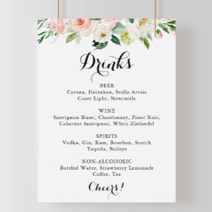 Poster Sinal de Menu Simples Floral Green Wedding Drinks