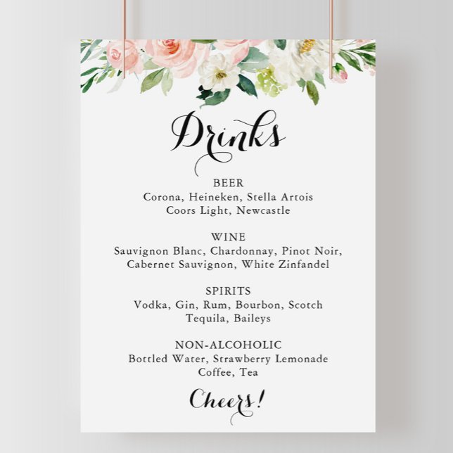 Poster Sinal de Menu Simples Floral Green Wedding Drinks (Criador carregado)
