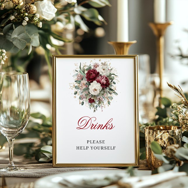 Poster Sinal de Mesa Bebidas Marrom Rosa Burgundy 8x10 (Maroon Blush Burgundy Drinks 8x10 Tabletop Sign)
