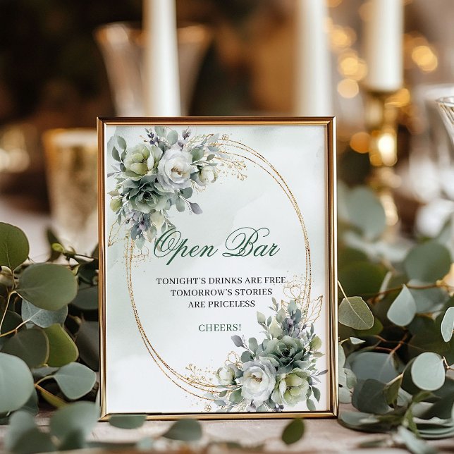 Poster Sinal de Mesa de Bar Aberto Botânico Verde Empoeir (Dusty Green Botanical Open Bar Tabletop Sign)