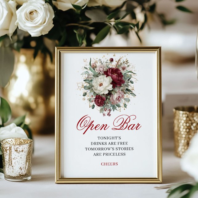 Poster Sinal de Mesa de Bar Aberto Burgundy Blush de Desi (Designer Blush Burgundy Open Bar Tabletop)