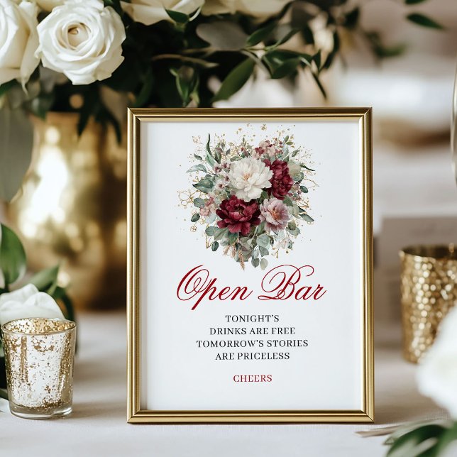 Poster Sinal de Mesa de Bar Aberto com Verde Burgundy Blu (Greenery Blush Burgundy Open Bar Tabletop)
