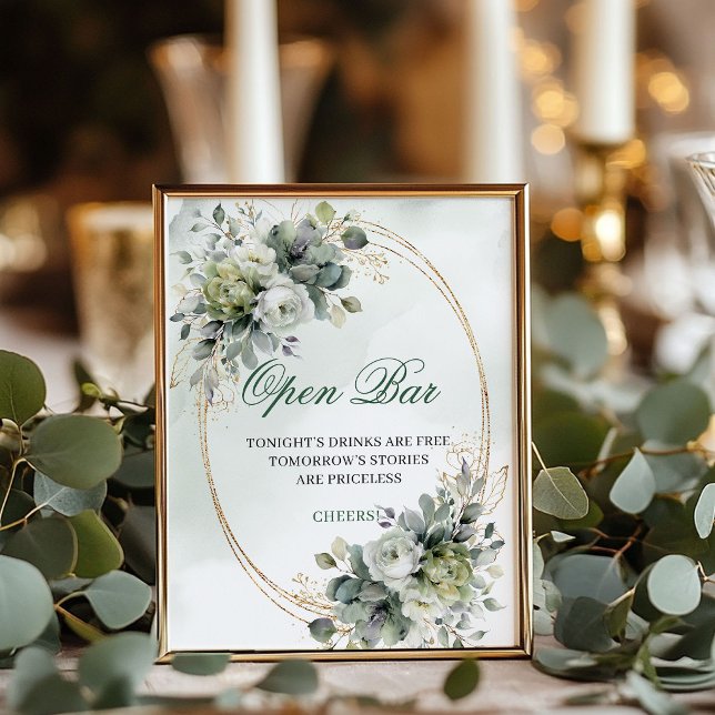 Poster Sinal de Mesa de Bar Aberto de Verde Esmaecido (Dusty Green Greenery Open Bar Tabletop Sign)