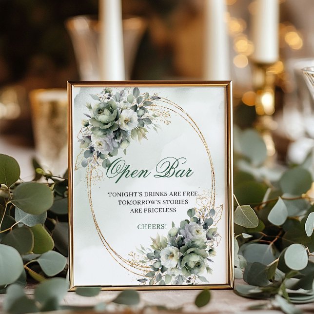 Poster Sinal de Mesa de Bar Aberto Dourado com Vegetação  (Watercolor Greenery Gold Open Bar Tabletop Sign)
