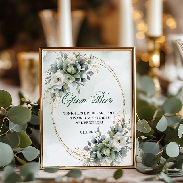 Poster Sinal de Mesa de Bar Aberto em Eucalipto Verde Emp (Dusty Green Eucalyptus Open Bar Tabletop Sign)