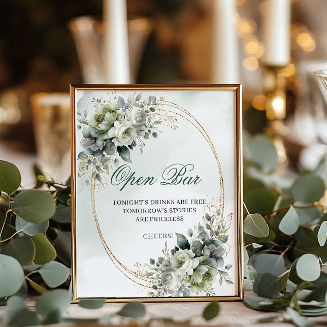 Poster Sinal de Mesa de Bar Aberto Verde e Dourado Boho (Greenery and Gold Open Bar Tabletop Sign Boho)
