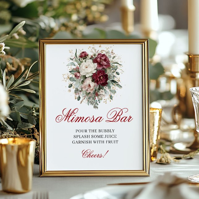 Poster Sinal de Mesa de Bar Mimosa Burgundy Romântico (Romantic Blush Burgundy Mimosa Bar Tabletop Sign)