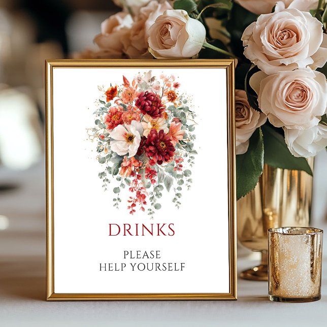 Poster Sinal de Mesa de Bebidas de Outono em Borgonha (Autumn Burgundy Flowers Drinks Tabletop Sign

)