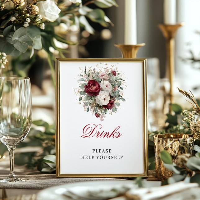 Poster Sinal de Mesa de Bebidas em Dourado e Burgundy com (Floral Blush Burgundy Drinks Tabletop Sign)