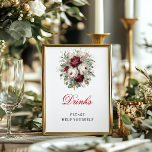 Poster Sinal de Mesa de Bebidas Floral Burgundy Chic Blus