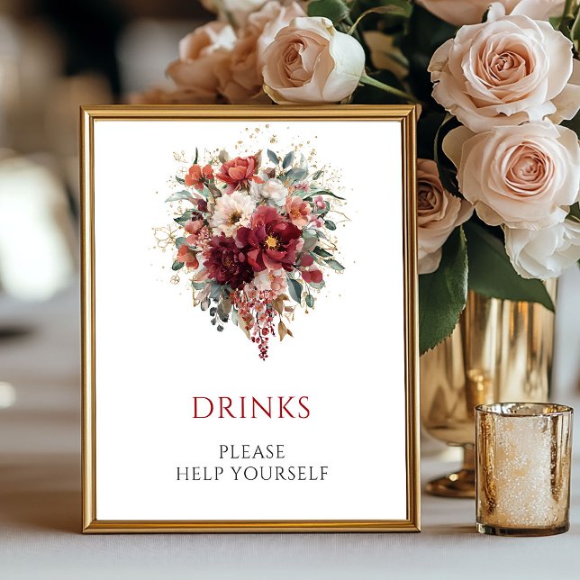 Poster Sinal de Mesa de Bebidas Flores de Outono Boho Bor (Burgundy Boho Fall Flowers Drinks Tabletop Sign

)