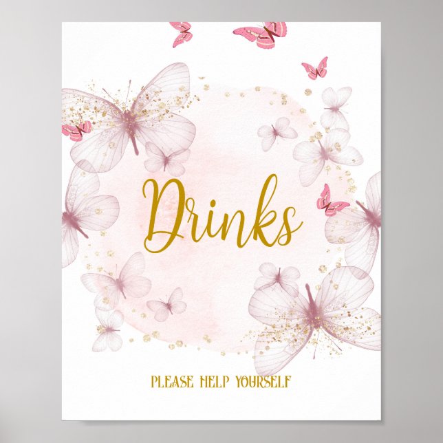 Poster Sinal de Mesa de Bebidas Rosa e Douradas de Aniver (Frente)