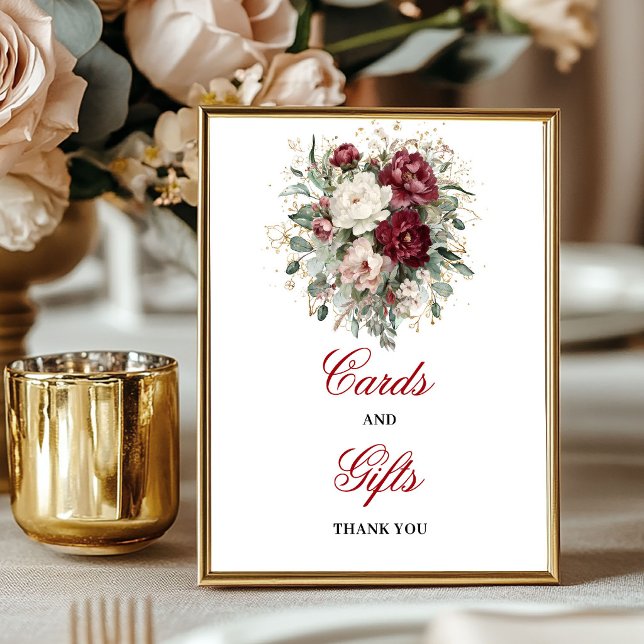 Poster Sinal de Mesa de Cartões e Presentes Rosa e Borgon (Premium Blush Burgundy Cards and Gifts Tabletop)