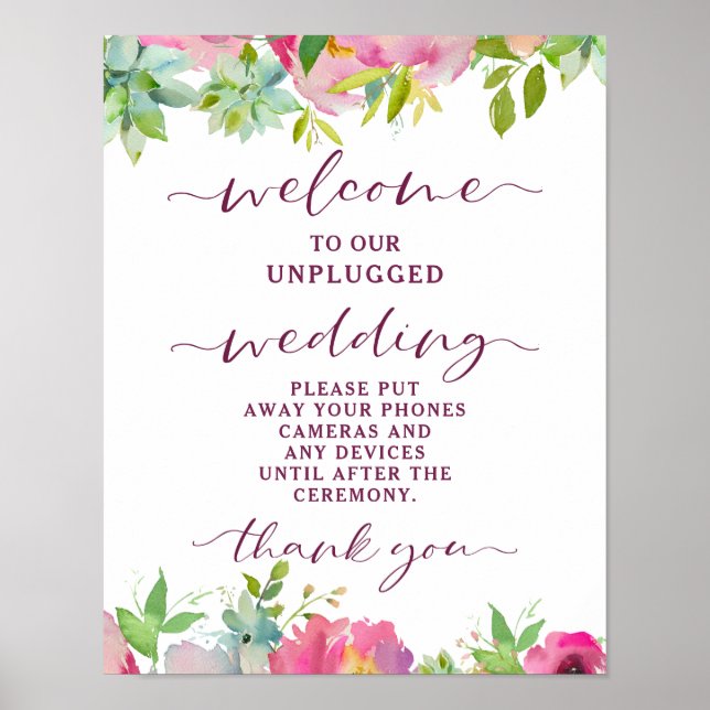 Poster Sinal de Mesa de Casamento Desplugado Chic Floral (Frente)