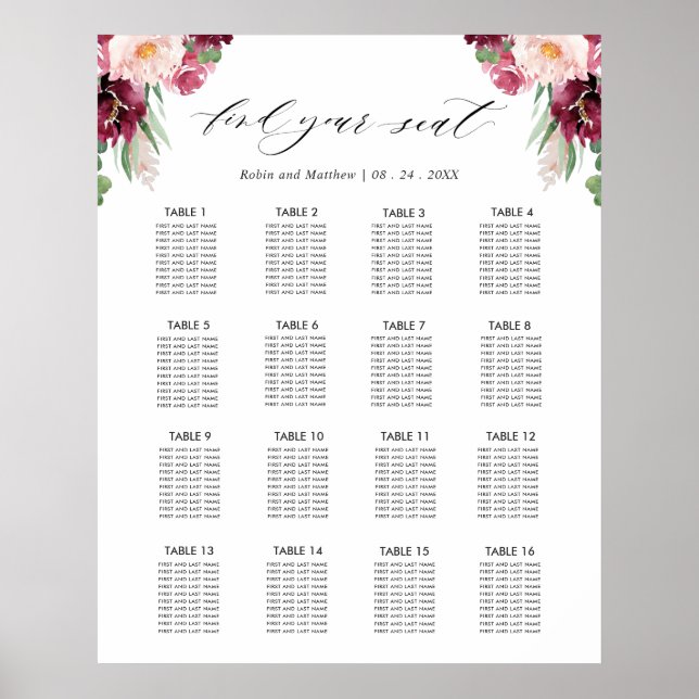 Poster Sinal de Mesa de Casamento em Borgonha 16 (Frente)