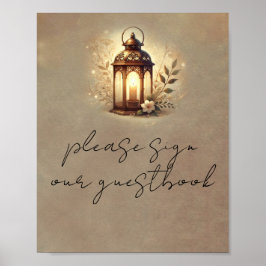 Poster Sinal de Mesa de Casamento Rústico Lanterna Dourad