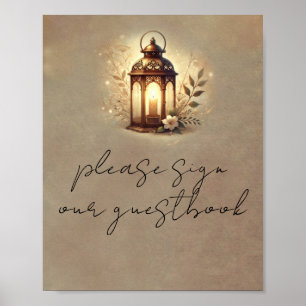 Poster Sinal de Mesa de Casamento Rústico Lanterna Dourad